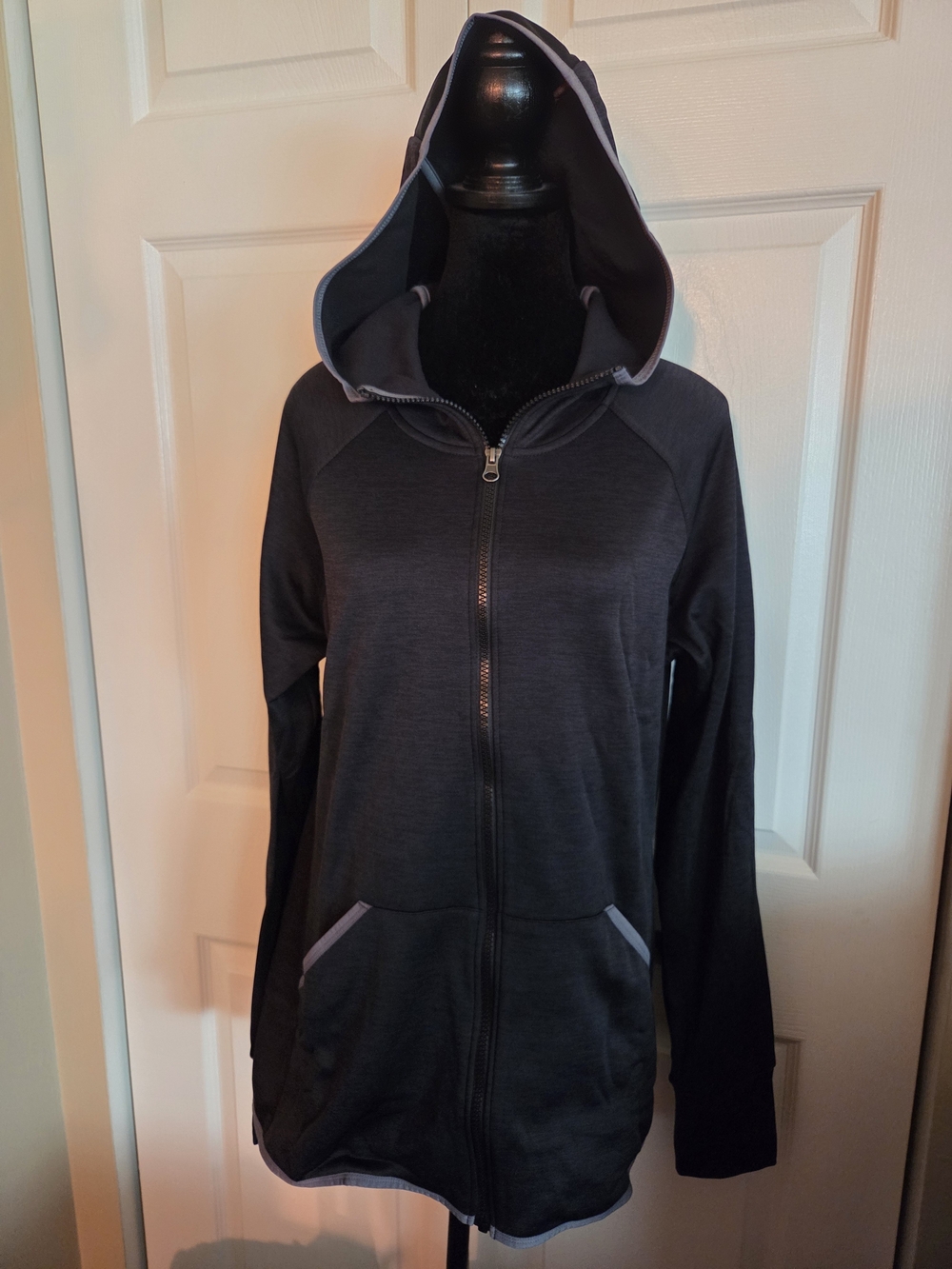 Hanes Women's Dark Charcoal Hooded Zip Jacket with Light Gray Trim